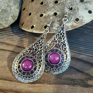 Vintage 90s Lacy Purple Antique Silver Acrylic Crystal Teardrop Earrings